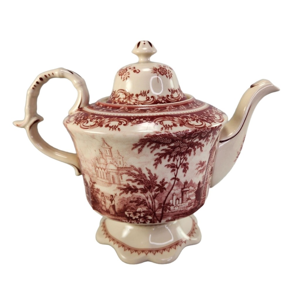 Red Toile Porcelain Teapot Burton and Burton Decorative Pedestal Tea Pot 2005